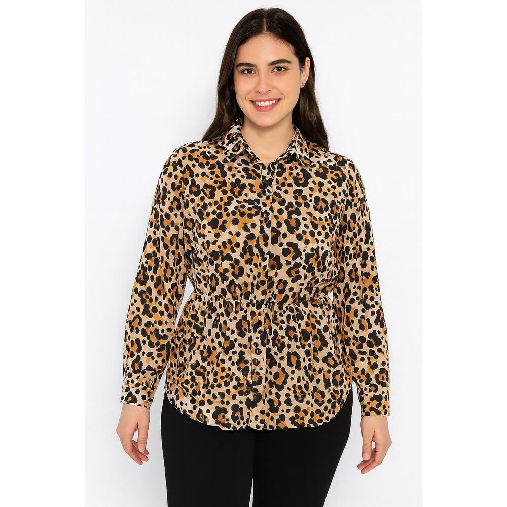 Excellent Elementz Brown Black Animal Print Cinched Blouse Size Petite Large